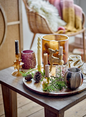 Teelichthalter mit goldfarbenen Blättern aus recyceltem Glas