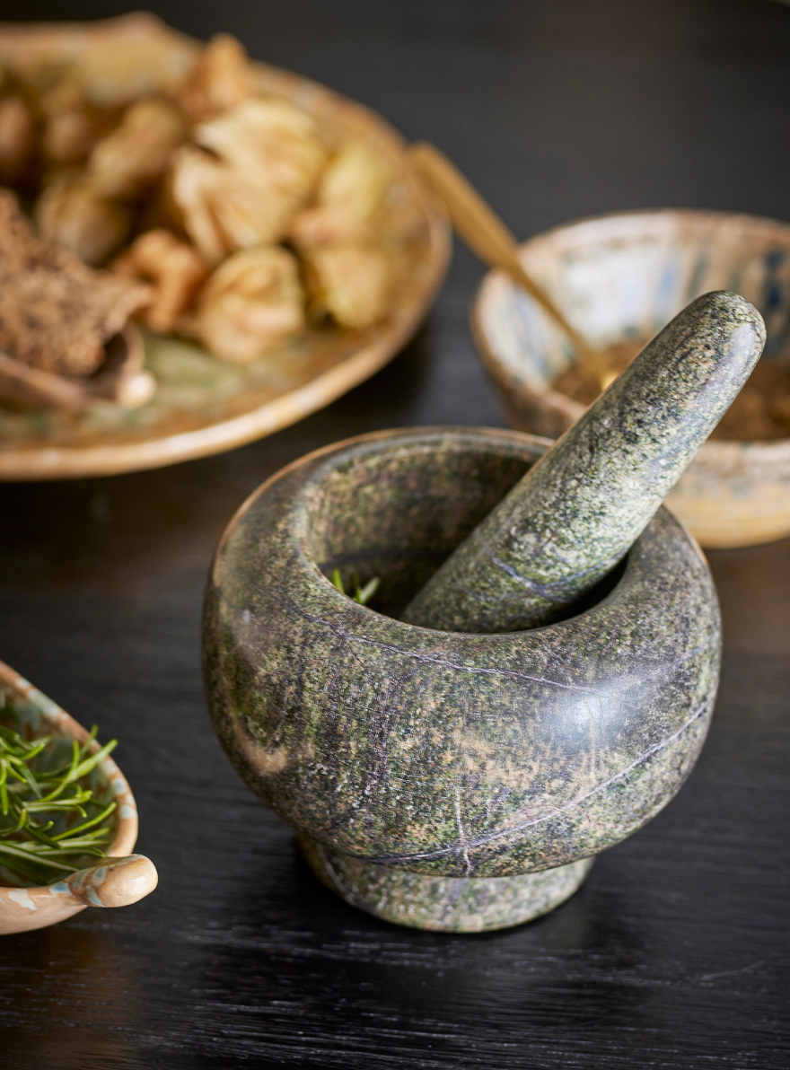 Arazo Mörser und Stößel aus grünem Marmor