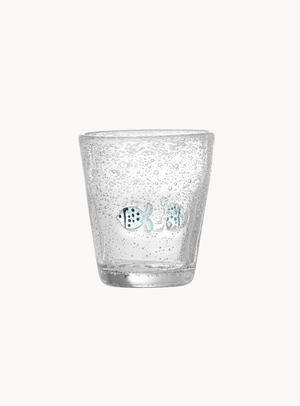 Klares Trinkglas mit blauen Fischen – mundgeblasen