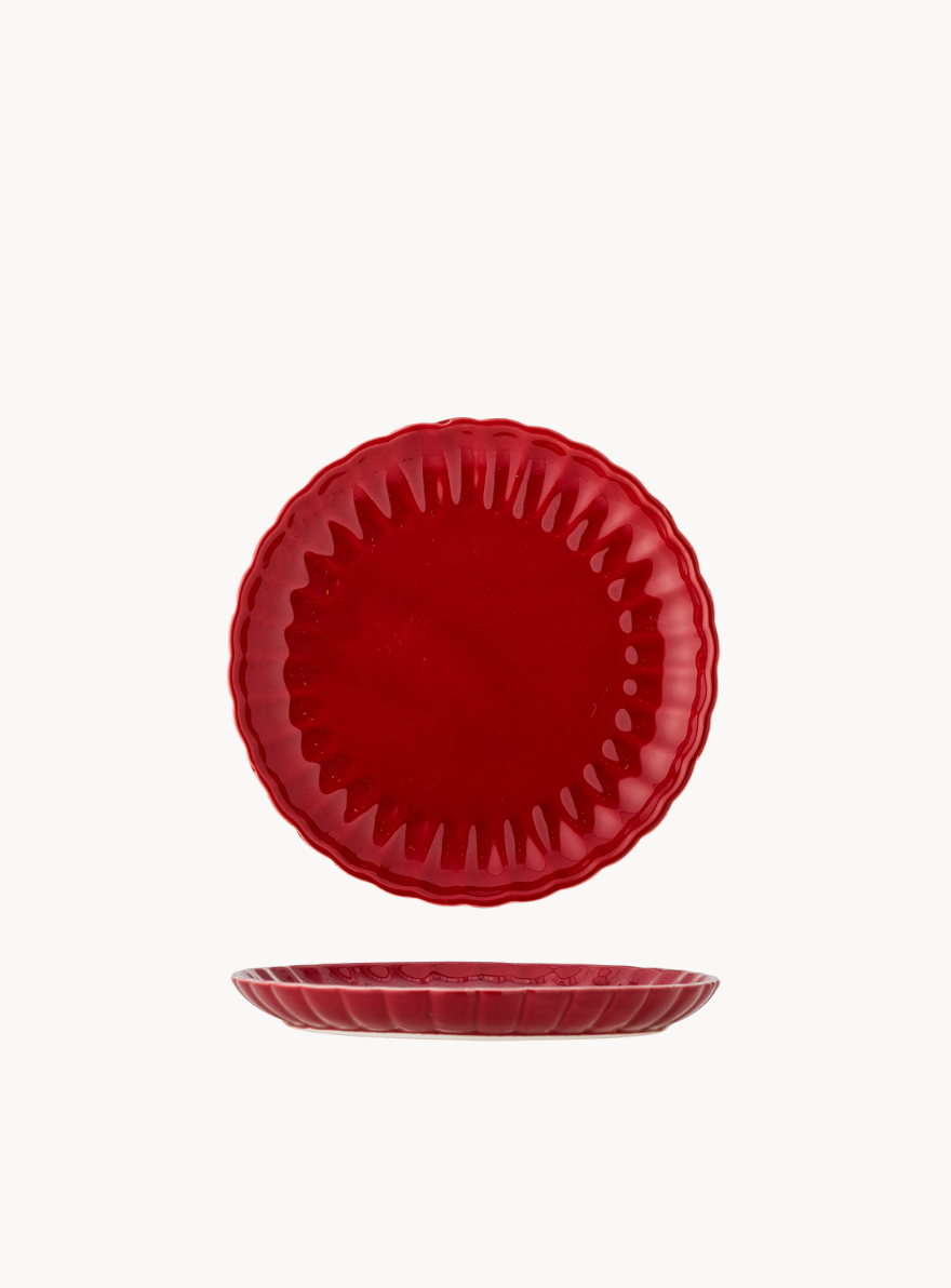 Roter Steingut-Teller mit gewelltem Rand