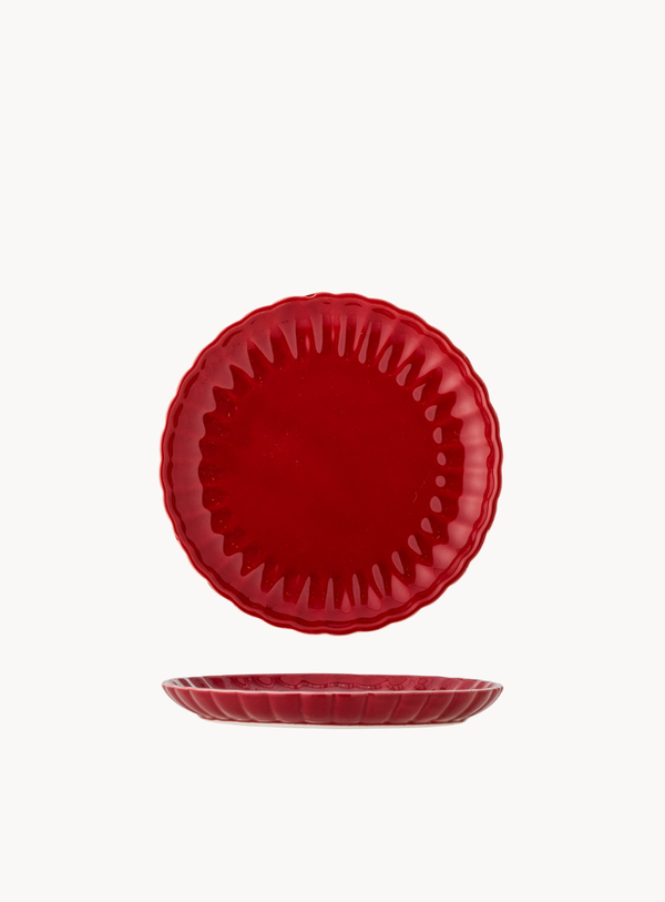 Roter Steingut-Teller mit gewelltem Rand