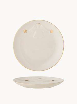 Weißer Steingut Teller mit Engel und Goldrand