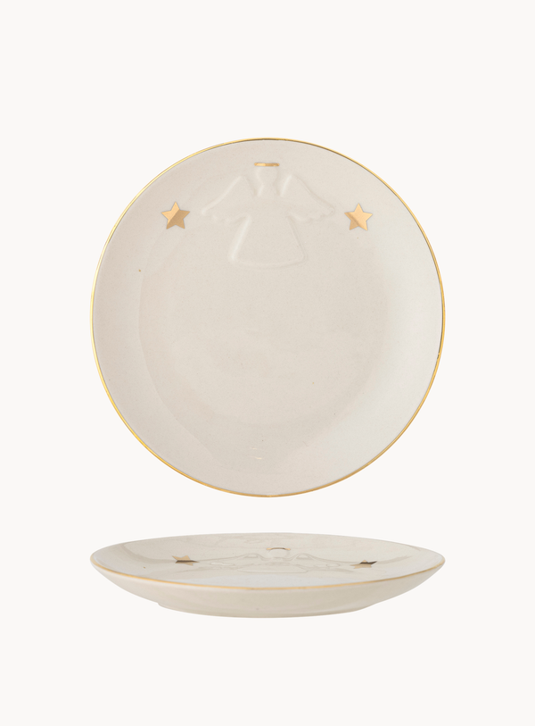 Weißer Steingut Teller mit Engel und Goldrand