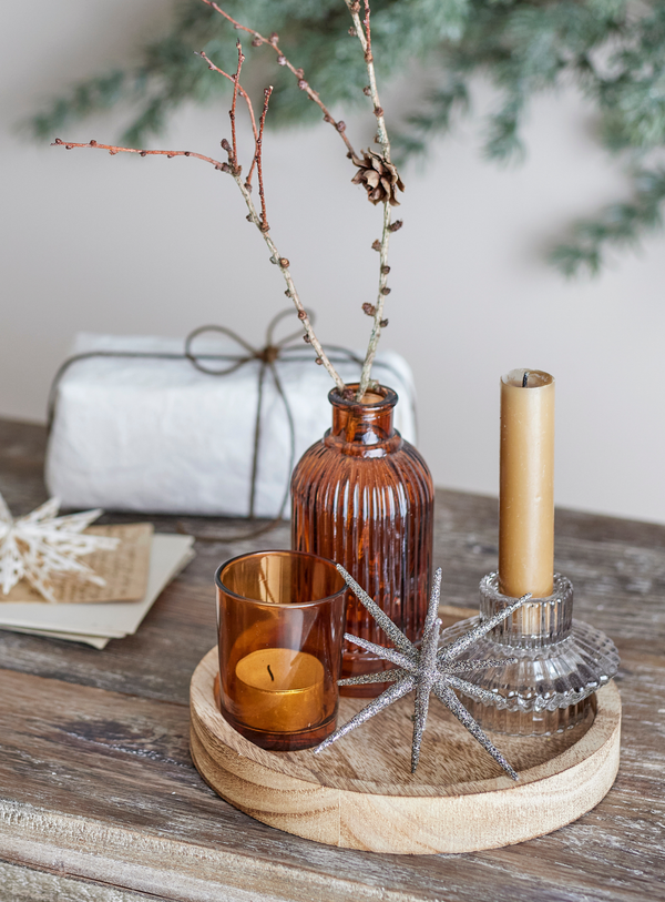 Rundes Tablett mit Teelichthaltern in braun aus Glas