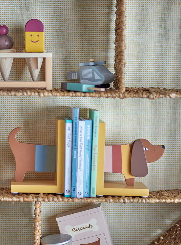 Bunte Buchstützen aus FSC®-Holz in Hundemotiv (Set aus 2)