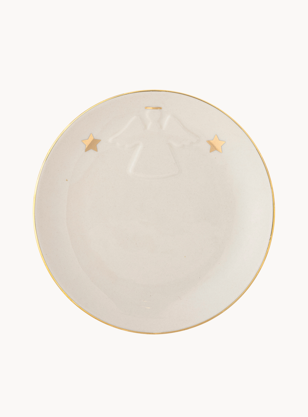 Weißer Steingut Teller mit Engel und Goldrand