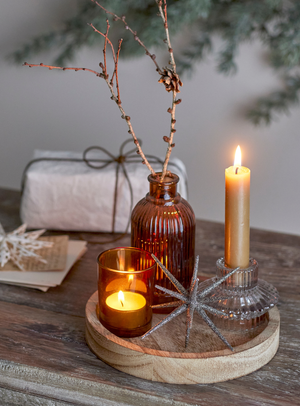 Rundes Tablett mit Teelichthaltern in braun aus Glas