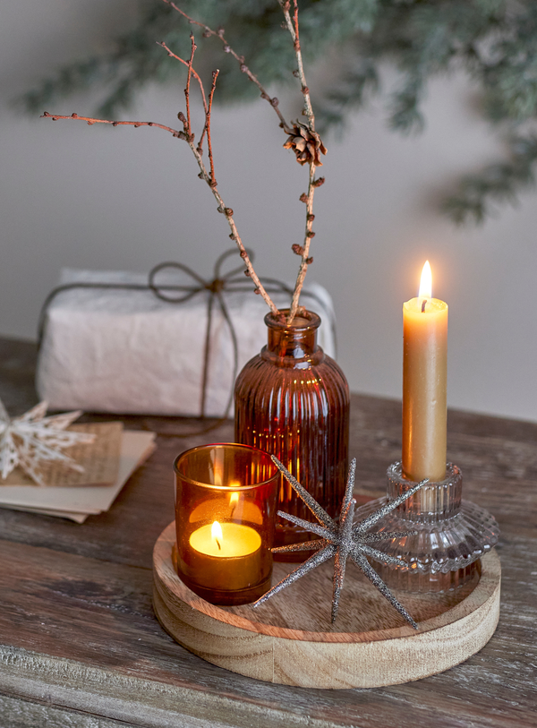 Rundes Tablett mit Teelichthaltern in braun aus Glas