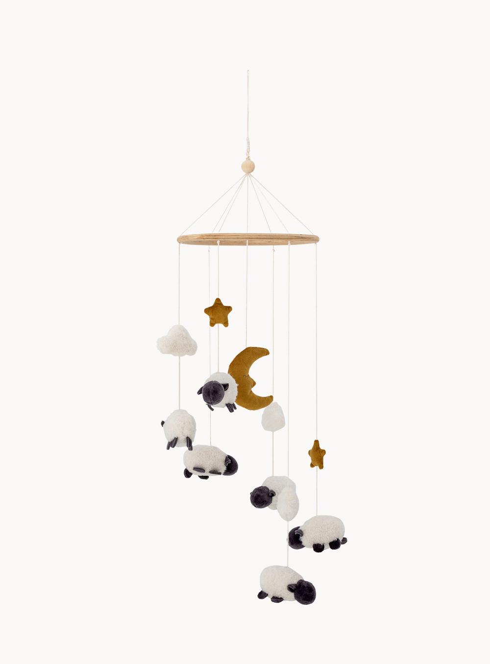 Weißes Mobile mit weichen Schafen