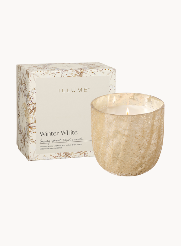 Winter White Duftkerze in Weiß im großen Crackle-Glas