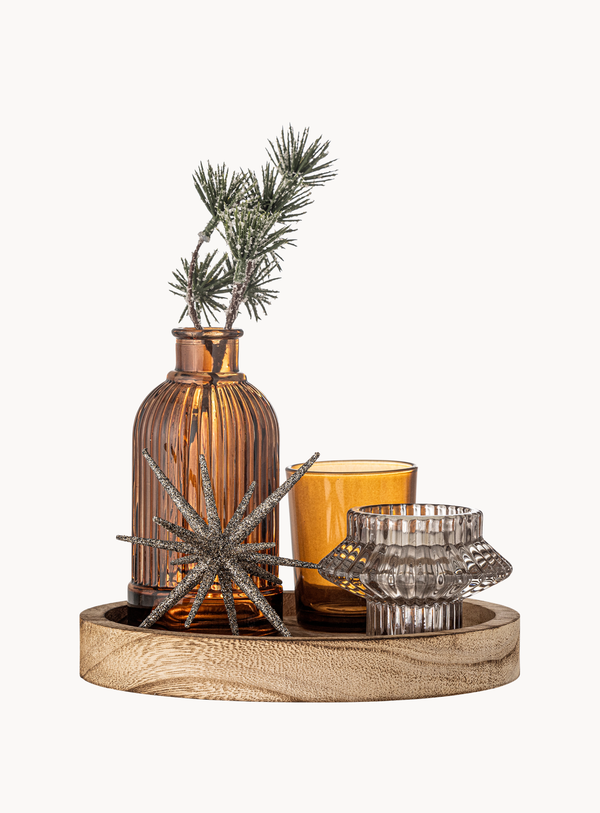Rundes Tablett mit Teelichthaltern in braun aus Glas