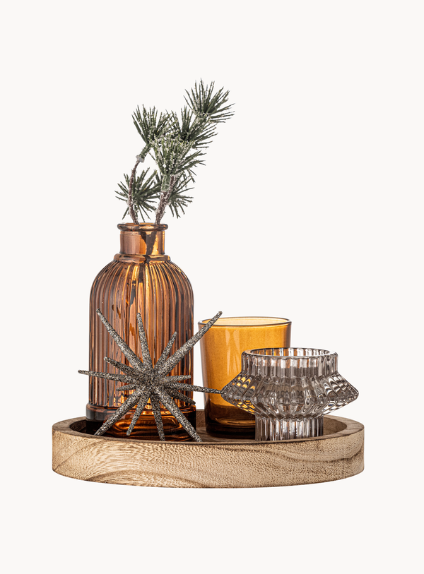 Rundes Tablett mit Teelichthaltern in braun aus Glas