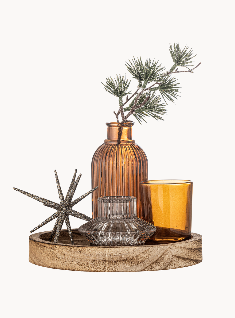 Rundes Tablett mit Teelichthaltern in braun aus Glas