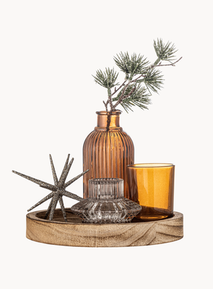 Rundes Tablett mit Teelichthaltern in braun aus Glas