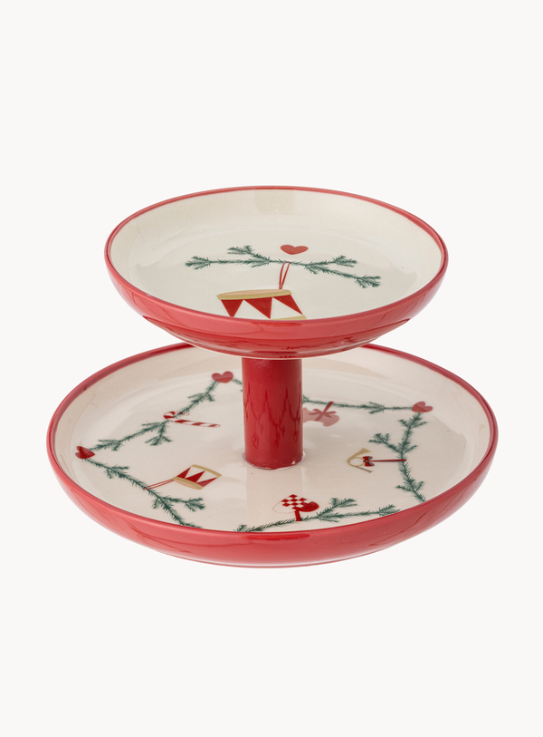 Weihnachtsmotiv-Etagere in natur aus Steingut