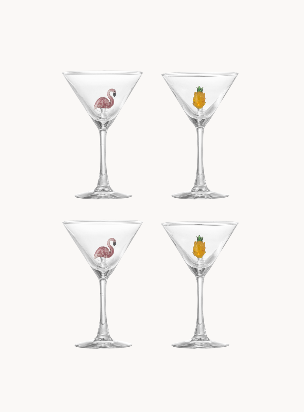 Cocktailgläser mit Flamingo &amp; Ananas – 4er-Set, mundgeblasen