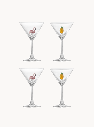Cocktailgläser mit Flamingo &amp; Ananas – 4er-Set, mundgeblasen