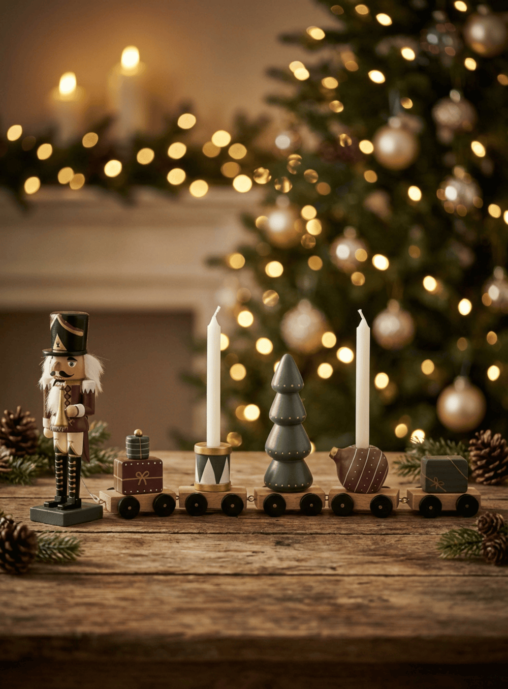 Deko-Zug mit Nussknacker und Kerzenhaltern